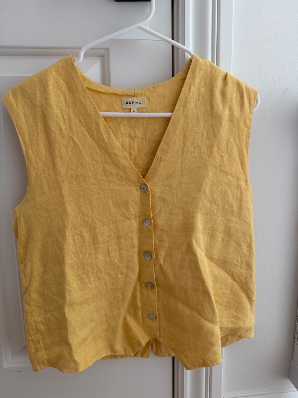 DONNI. Mustard Yellow Linen Button-Front Sleeveless Top